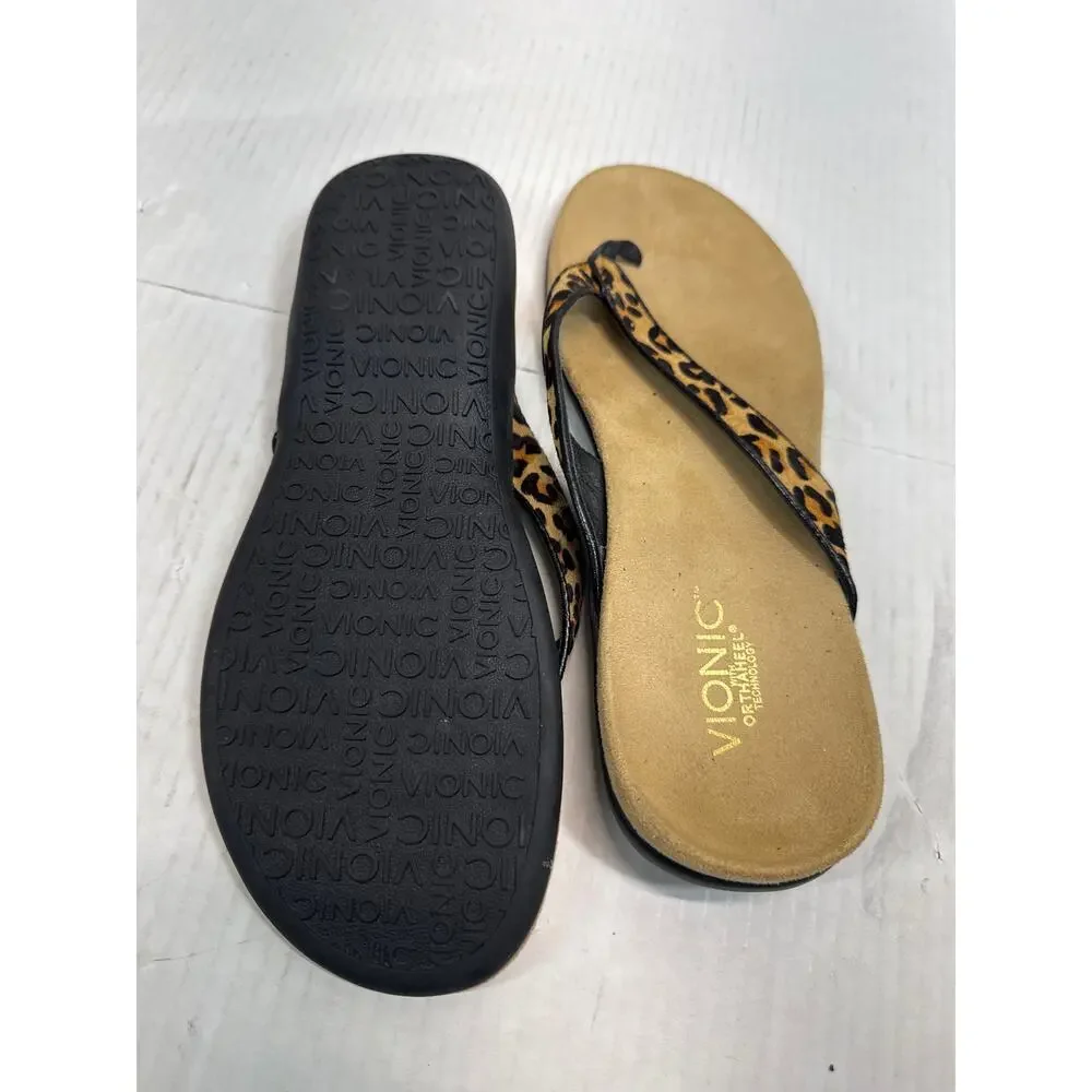 Vionic Selena Orthaheel Leopard Print Leather‎ Calf Hair Flip Flop Sandals Sz 10